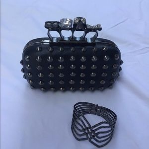 Brass Knuckles Spike Studded Clutch With Matching Bracelet